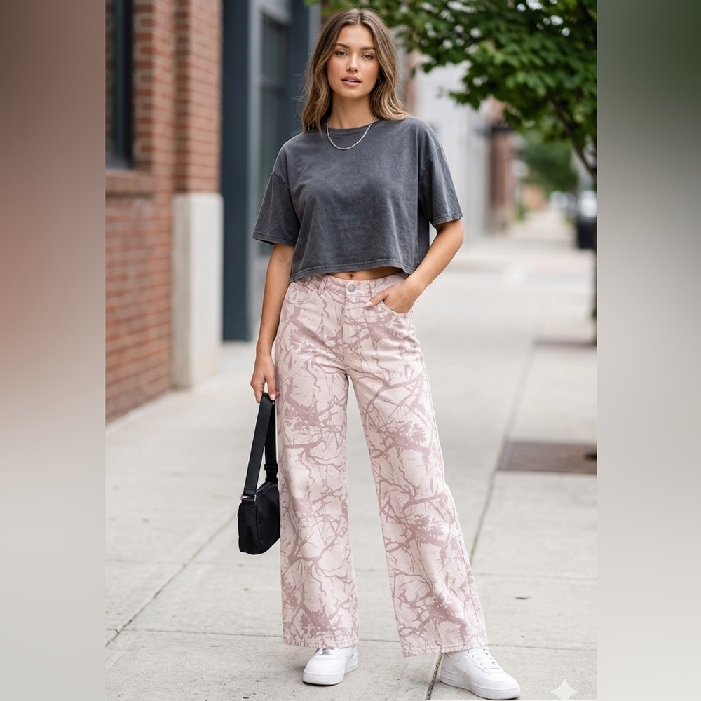 Cali 1850 Los Angeles NWT Pink Tree Branch Print High Waisted Wide Leg Jeans